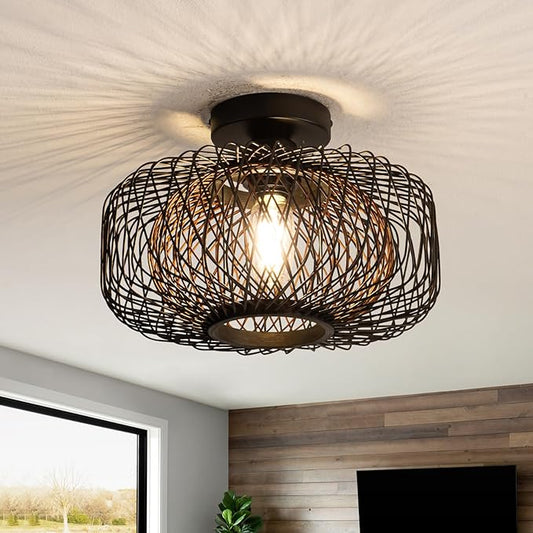 13" Black Boho Rattan Ceiling Light - Handwoven Bamboo Shade, Matte Black Base, Flush Mount Farmhouse Lighting for Bedroom, Living Room (Brown Interior, E26)