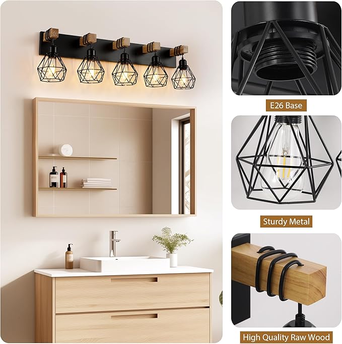 Farmhouse Vanity Light for Bathroom, 5-Light Wood Bathroom Vanity Light Fixtures Over Mirror, Rustic Sconces Wall Lighting with Metal Lampshade for Living Room, Bedroom, Hallway