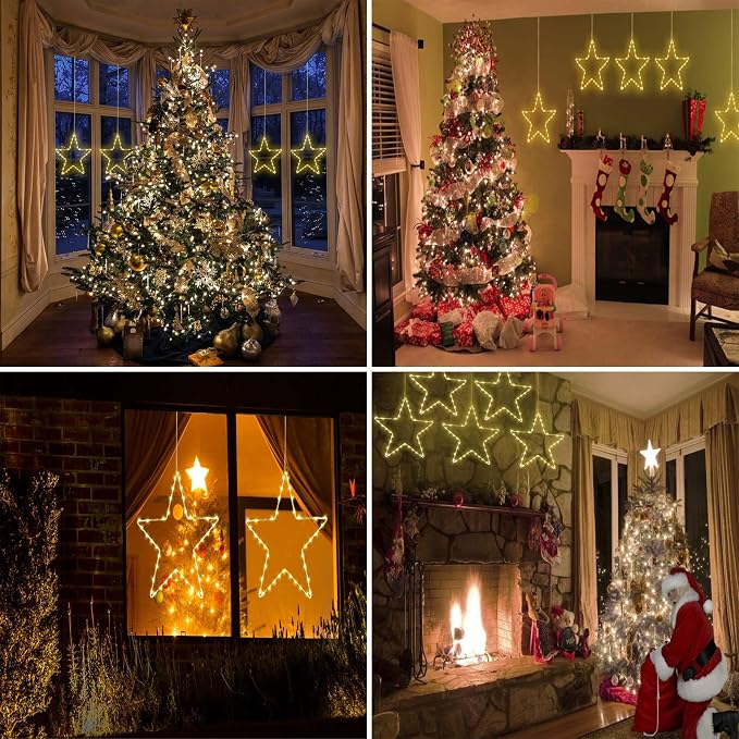 LED Christmas Window Star Decoration - 5 Pack 200 Hanging Star Lights Battery Operated 8 Modes with 5 Remote Controls for Indoor, Outdoor Christmas Window Decorations, Porch, Warm White