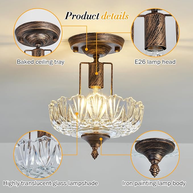 UOFUS Glass Ceiling Light Fixture Vintage Small Semi Flush Mount Chandelier Oil Rubbed Bronze Mini E26 Ceiling Lamp for Hallway Bedroom Bathroom Closet