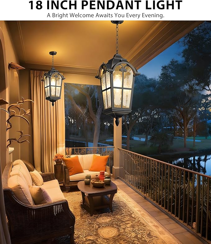 18" Outdoor Pendant Light Dusk to Dawn for Porch, Anti-Rust Aluminum Chandelier, Waterproof Exterior Hanging Lighting Fixture with Ripple Glass for Gazebo, Black with Golden Edge