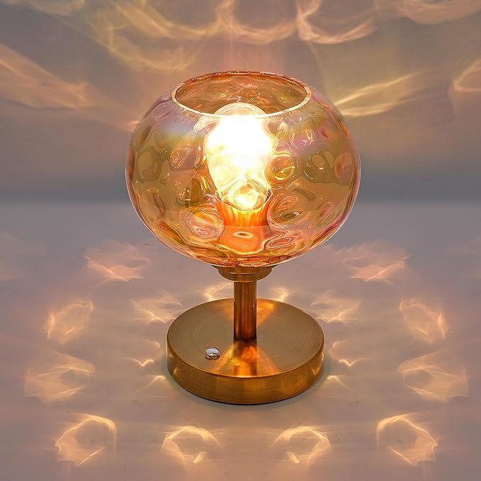 Touch Control Hammered Glass Table Lamp Brass Gold Portable Dimmable Brightness Small Nightstand Light 3-Way Stepless Dimming Bedside Bedroom Living Room (Colorful Amber Glass & Gold)