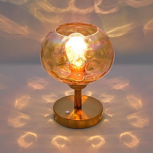 Touch Control Hammered Glass Table Lamp Brass Gold Portable Dimmable Brightness Small Nightstand Light 3-Way Stepless Dimming Bedside Bedroom Living Room (Colorful Amber Glass & Gold)