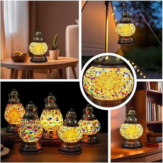 Upgraded Rechargeable Turkish Mosaic Lamp - Handmade Moroccan-Style Camping Light with 1800mah Battery, USB Power Bank, Touch Switch & 3 Brightness Levels, 10.5cm Lampshade Sizes