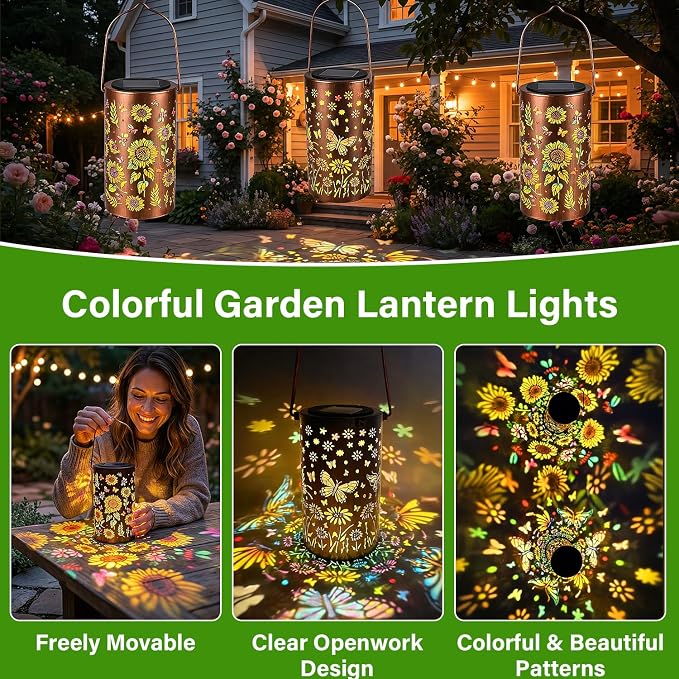 2Pack Colorful Solar Lanterns Outdoor Waterproof, Garden Decor Gifts for Women Mom Grandma - LED Sunflower and Butterfly Solar Powered Lights Metal Hanging Lantern for Outside Garden Patio Yard Porch