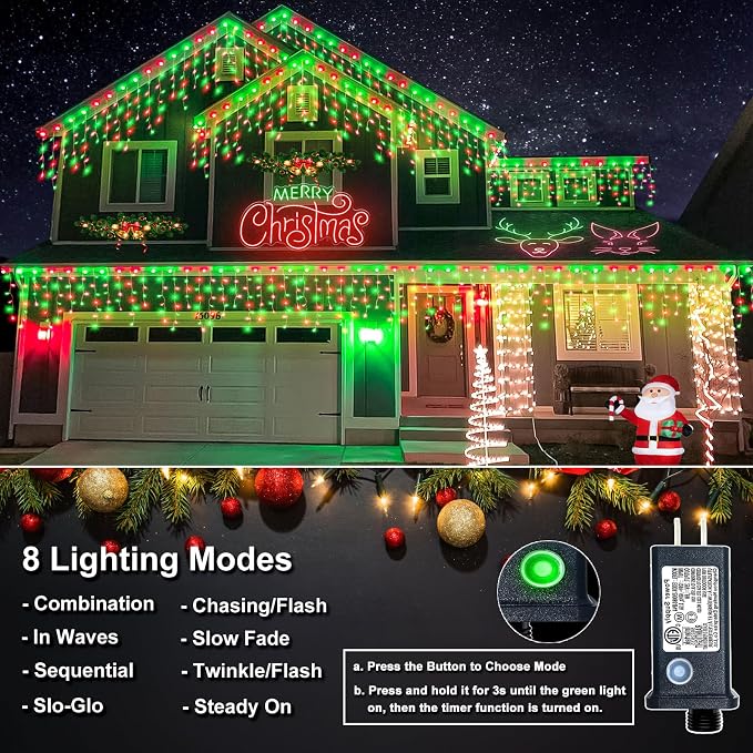 Icicle Christmas Lights Outdoor - 66FT 640 LED Icicle Lights for Outside with 8 Modes Timer, 120 Drops Waterproof Connectable Hanging String Lights Indoor for Roof Party Xmas Decoration, Red and Green
