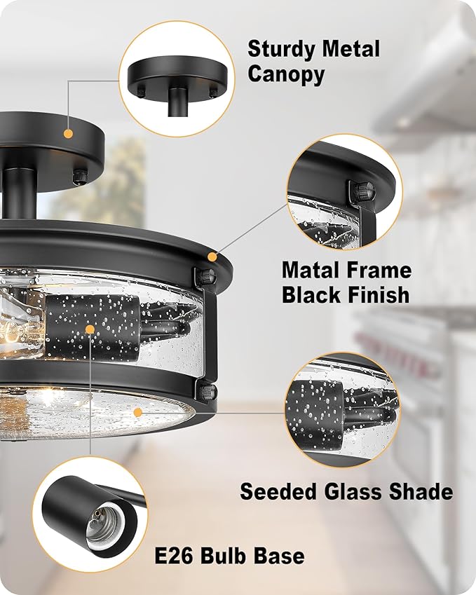 2-Light Semi Flush Mount Ceiling Light Fixture, Industrial Farmhouse Lighting, Black Matte Metal Hallway Ceiling Light with Seeded Glass for Bedroom,Living Room,Kitchen,Entryway,Dining Room