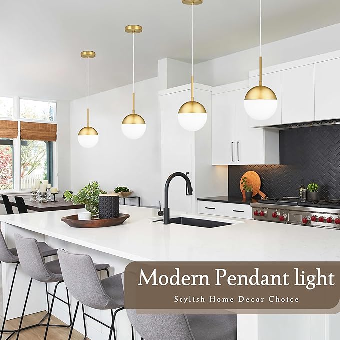 6 Inch Gold 2 Pack Mid Century Modern Pendant Light Pendants for Kitchen Island Frosted Milky White Glass Globe Height-Adjustable Modern Hanging Globe Pendant Light for Bedroom (Bulb Incl)
