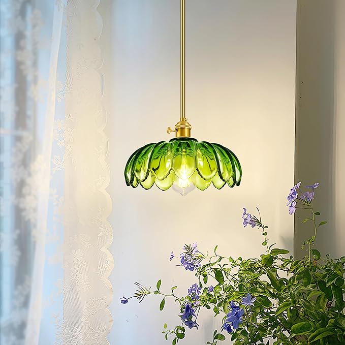 Mid Century Modern Pendant Light 2 Pack Hanging Adjustable Pendant Lights with Brushed Gold Fixture Green Flower Glass Vintage Chandelier for Kitchen Island Bedroom Dining Room（Bulb Incl.）