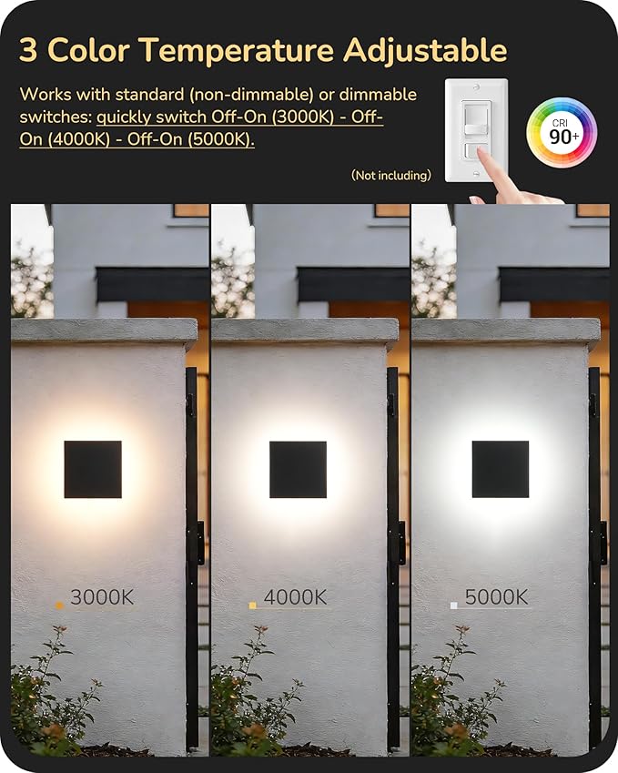 EDISHINE 4 Pack LED Outdoor Wall Lights, 3000K-5000K Dimmable Exterior Lighting Fixtures, IP65 Waterproof Aluminum Modern Wall Sconce, Small Square Outside Porch Light for Indoor Door Garage, Black