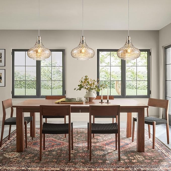 Amber Glass Pendant Light - 11-Inch Hammered Glass Ceiling Light with Brushed Nickel Finish, Adjustable Hanging Cord, Modern Lighting for Kitchen Island, Dining Room, Living Room & Hallway