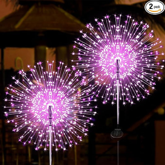 JJGoo Solar Firework Lights, 2 Pack 150 LEDs 2 Lighting Modes Solar Lights Outdoor Waterproof for Garden Patio Walkway Pathway Party Wedding Christmas Decorative - Pink