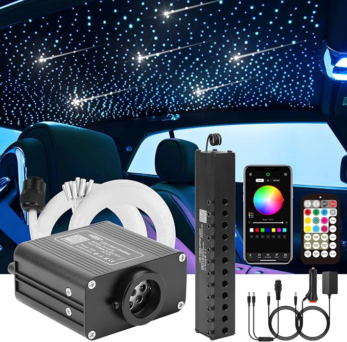 CHINLY Meteor Twinkle 550pcs 9.8ft 0.03in Fiber Optic Lights Star Headliner Kit, Bluetooth APP Controlled Remote, RGBW Star Lights for Ceiling/Headliner/Theater