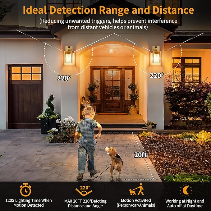 2 Pack Gold Motion Sensor Outdoor Light Fixtures Wall Mount, Dusk to Dawn Front Porch Lights for House, Exterior Wall Sconce, Waterproof Lantern Lamp,Outside Coach Light for Garage Entryway Yard