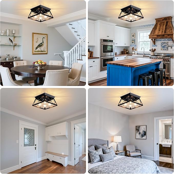4-Lights Close to Ceiling Light, Black Industrial Ceiling Light Fixture for Dining Room, Kitchen, Living Room, Hallway, Entry, Laundry - E26 Base (No Bulb)