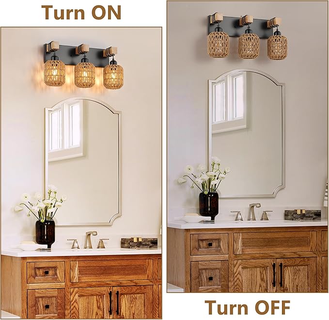 LmnLvn Farmhouse Bathroom Light Fixture, Boho Vanity Light, 3-Light Rattan Bathroom Light Fixture Over Mirror Rustic Vanity Lighting with Handwoven Shades, Suit for Restroom, Bedroom, Hallway