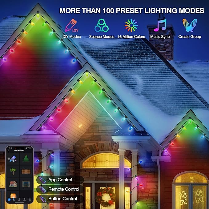 HOLILLUMA Smart C9 Christmas Lights Outdoor, 118FT 150LED RGB Color Changing String Lights, App&Remote Control, Music Sync, Connectable LED Christmas Tree Lights for Outdoor House Holiday Decoration