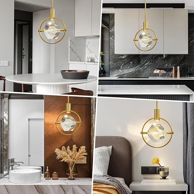 Modern Crystal Led Pendant Light: Gold Circular Pendant Lights Over Kitchen Island - Luxury Dimmable Crystals Hanging Lighting - Contemporary Pendants Light Fixtures for Bedroom Bathroom Living Room