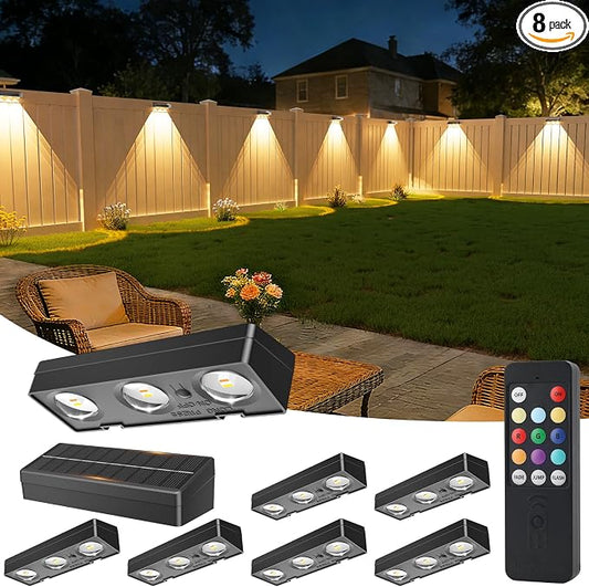 JOFIOS Solar Fence Lights with Remote 8 Pack, Color Changing RGB & Warm White, 12 Dynamic Modes, IP65 Waterproof, Solar Lights for Fence, Deck, Backyard, Patio Holiday & Party Decoration