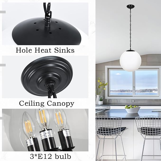 KoKo&Yukina 14" Black Globe Pendant Light Mid Century Pendant Light Milk Glass Pendant Lights Kitchen Island Adjustable Hanging Light Fixture for Dining Room Bedroom Kitchen Island