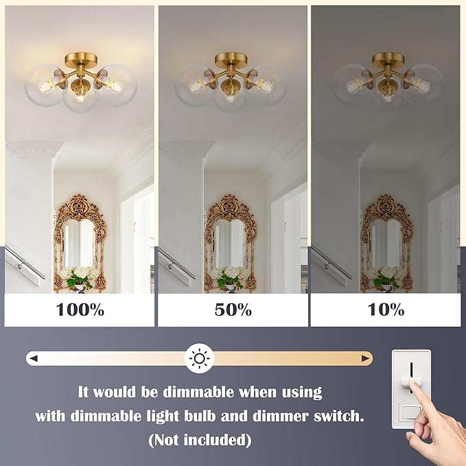 3-Light Modern Gold Semi Flush Mount Ceiling Lights Clear Glass Globe Ceiling Lights Mid Century Brass Chandelier Modern Sputnik Ceilings Light Fixture for Bedroom Hallway Entryway Living Room