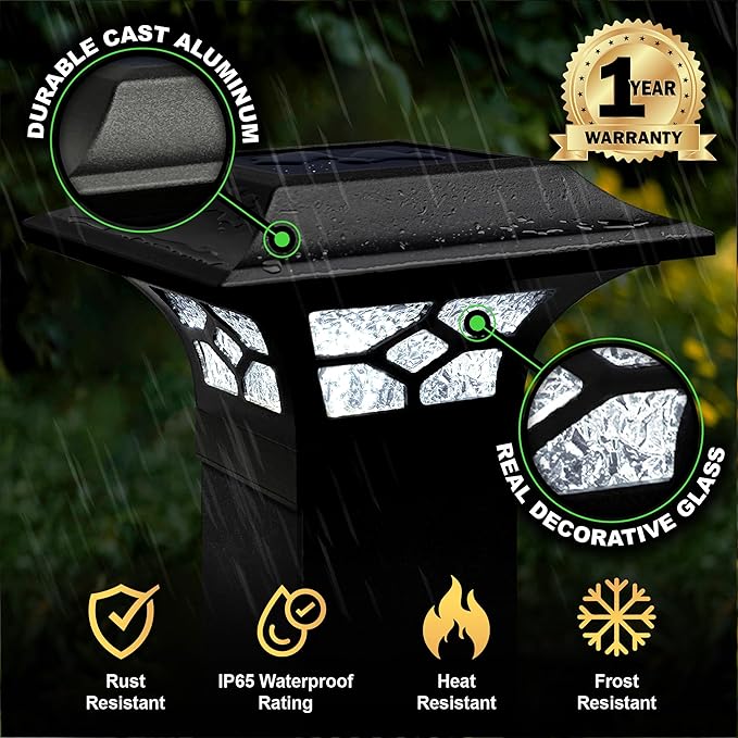 Classy Caps Kingston Solar Post Cap - Fits 2"x2", 2.5"x2.5" and 3"x3" Fence & Deck Posts - Black Cast Aluminum - Warm/Cool Light Color Modes - Heavy-Duty, Real Glass - Mod. SLZ332B