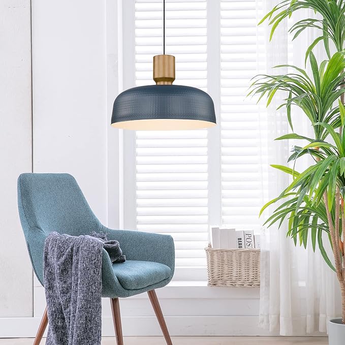 Darkaway Oversized Industrial Pendant Light Fixtures with Hammered Metal Shade, 18.1inch Blue Large Pendant Lighting for Kitchen Island Hanging Lamp Adjustable Height
