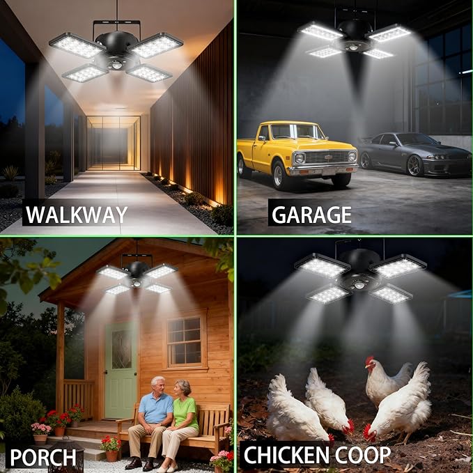 INXPHY Solar Shed Light Indoor Outdoor 1200LM 144LED Pendant Light, Motion Sensor with Upgrade 5 Lighting Modes & Remote Control 4-Leaf 120°Adjustable Lights for Home Yard Garage