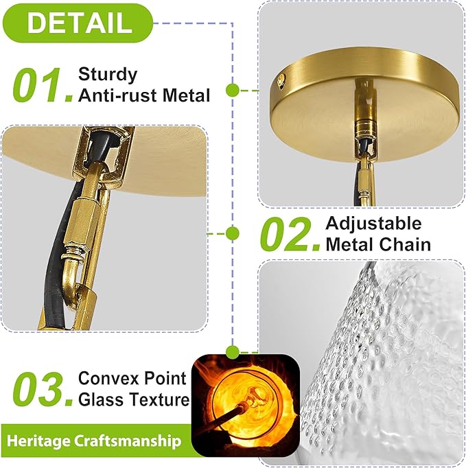 Glass Pendant Lights Kitchen Island, 9.84'' Brass Gold Pendant Lighting Fixtures, Modern Hanging Ceiling Light with Clear Hammered Glass Shade for Farmhouse Dining Room Bedroom Hallway(1 Pack)