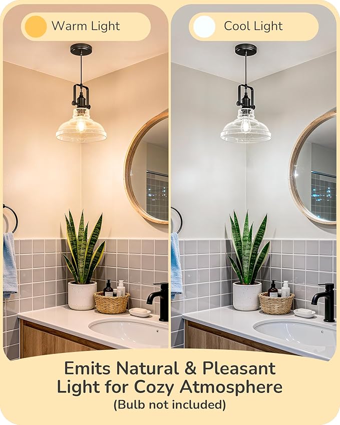 EDISHINE Farmhouse Pendant Lights Kitchen Island, Clear Seeded Glass Shade Hanging Light with Matte Black Finish, Modern Pendant Light Fixtures with Open Shade, Over Island Bar,E26 Base