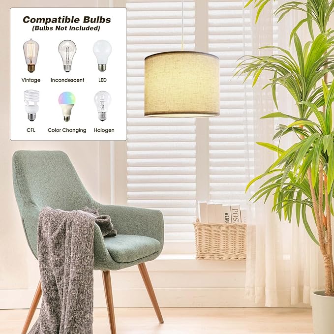 KUAUGST Plug in Pendant Light, 15 FT Hanging Lamp with Plug in Cord, On/Off Switch, Pendant Lighting with Fabric Shade, Hanging Light Fixture for Living Room, Bedroom, Dining Room, Kitchen (Beige)