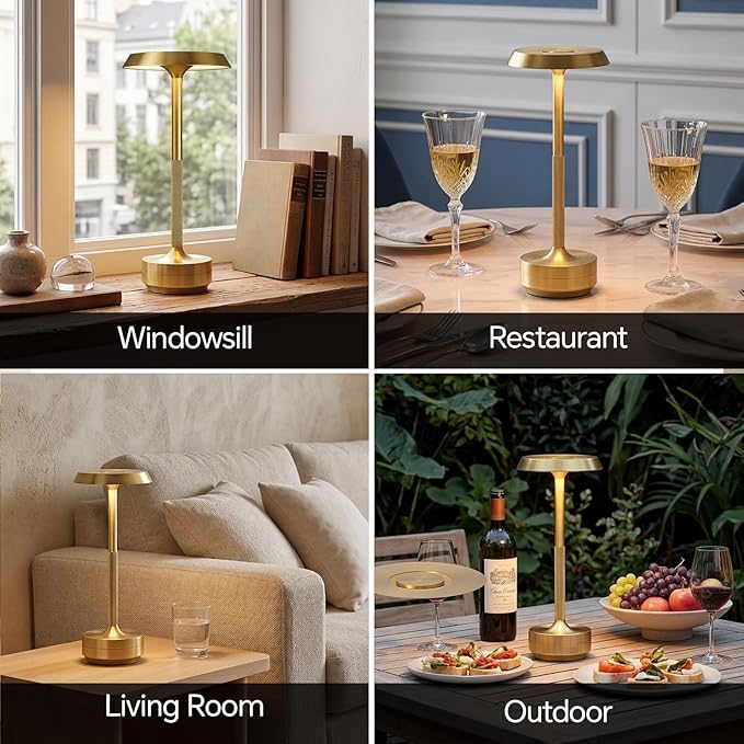 Mevnxi Cordless Table Lamp, Portable LED Desk Lamp, 5000mAh Battery Operated, 3 Color Stepless Dimming Up, for Restaurant/Bedroom/Bars/Outdoor Party/Camping/Coffee Shop Atmosphere Night Light(Gold)