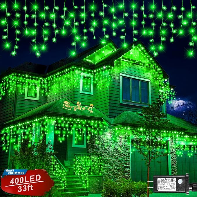 Icicle Lights for Outside - 33FT 400 LED Icicle Christmas Lights Outdoor with 75 Drops 8 Modes, Waterproof Connectable Curtain Hanging Lights for Indoor Eaves Patio Party Halloween Decorations, Green