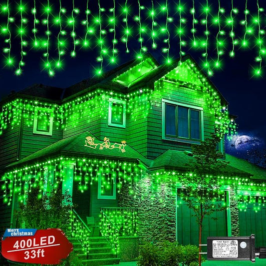 Icicle Lights for Outside - 33FT 400 LED Icicle Christmas Lights Outdoor with 75 Drops 8 Modes, Waterproof Connectable Curtain Hanging Lights for Indoor Eaves Patio Party Halloween Decorations, Green