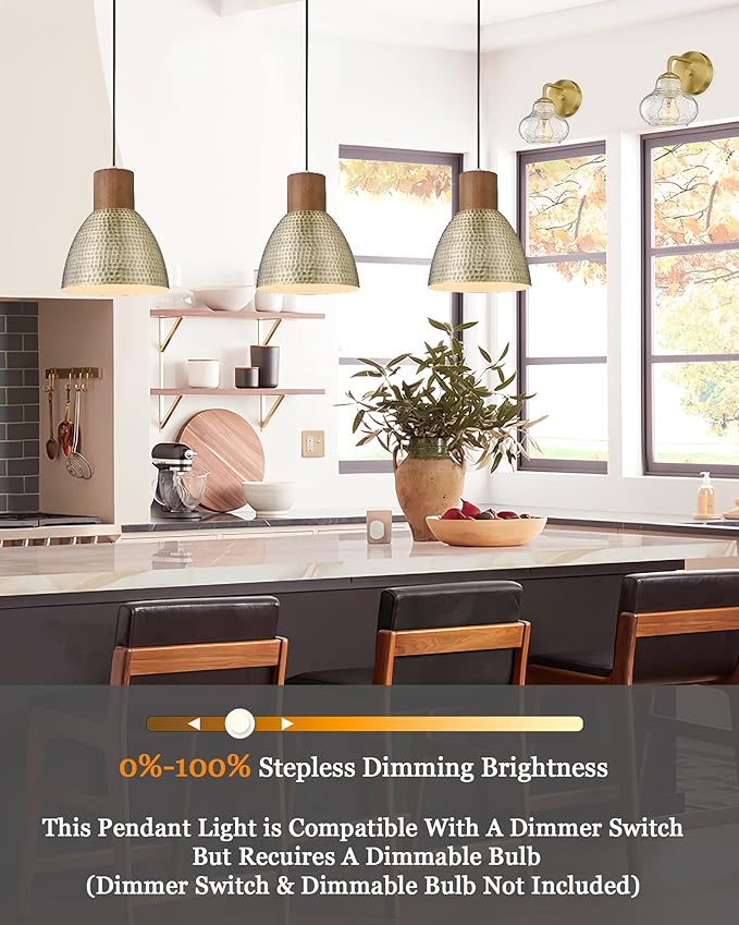 ELYONA Hammered Pendant Lights for Kitchen Island, 7” Small Solid Wood Vintage Metal Hanging Light Fixture Adjustable Height Antique Gold Pendant Lamp for Farmhouse, Dining Room, Brushed Brass, 3 Pack