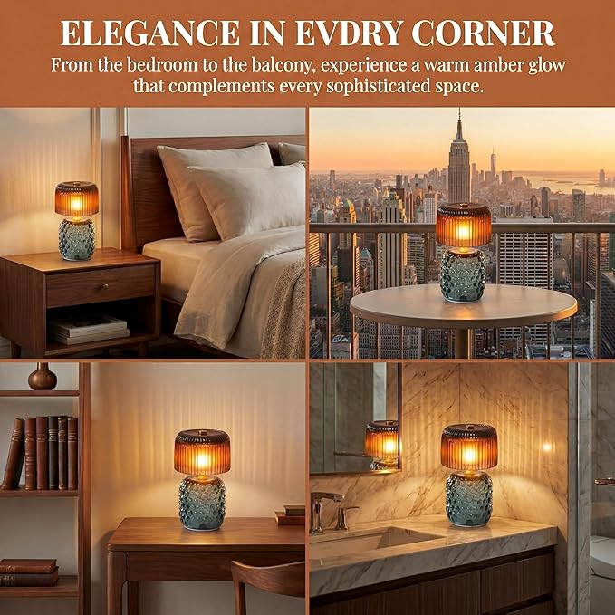 Battery Operated Table Lamp with Timer, Cordless Glass LED Night Light, Decorative Small Lamp for Bedroom Nightstand Living Room Entryway Stairway