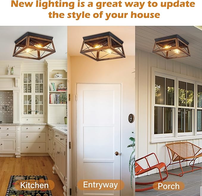 Pia Ricco Farmhouse Flush Mount Ceiling Light Fixture, Outdoor Porch Ceiling Lights, Rustic Industrial Style Square Close to Ceiling Light for Entry, Hallway, Kitchen, Patio, 2-Light, Brown