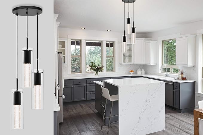 XiNBEi Lighting Pendant Light, Modern 3 Light Cluster Kitchen Island Pendant Lighting with LED Bulb & Bubble Crystal, Matte Black Finish XB-P1110-3-MB