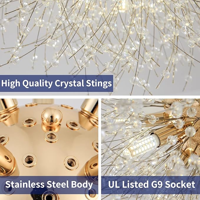 CM MZY Sputnik Flush Mount Ceiling Light Fixtures, Modern Gold Crystal Firework Chandelier, 8-Light Close to Ceiling Lighting Fixtures for Bedroom Kitchen Hallway Entryway(H11.8'' x W21.5'')