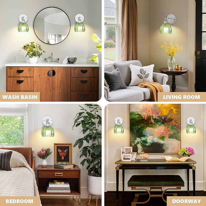 Vintage Battery Operated Wall Sconce, Green Tulip Glass Lampshade Wireless Rechargeable Battery Powered LED Wall Light with Remote Dimmable for Bedside Bedroom Living Room, Silver, Set of 2