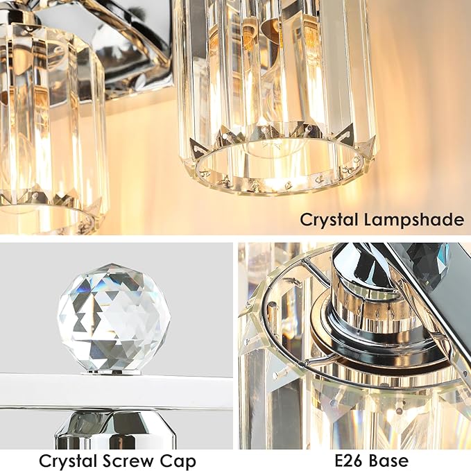 2-Light Silvery Bathroom Light Fixtures,Modern Bathroom Vanity Lights Fixture with Clear Crystal Glass Shade,Brushed Silvery Bath Wall Mount Lights, Light Fixtures for Bedroom Living Room