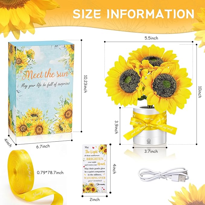 2 Sets Sunflower Lamp Gift for Women, Mother's Day Birthday Gifts for Women, Mom, Shimmering Sunflower Lamp with Cards Ribbons Gift Box Rechargeable Table Night Light for Anniversary Decor