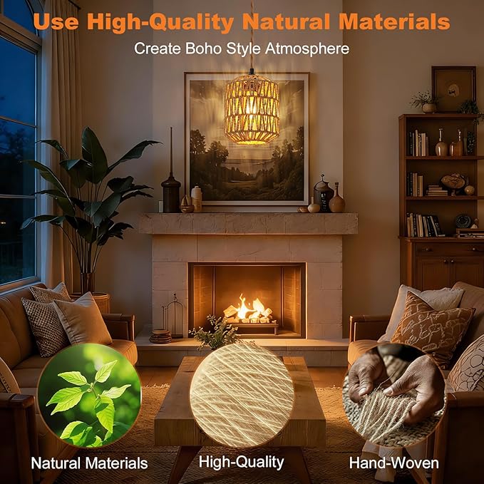 Pendant Light Hanging Lights 15ft Plug in Pendant Light - Hanging Light with On Off Switch Plug in Cord Pendant Light Fixture E26 E27 Light SocketCord for Bedroom Living Room ( 5-Paper Cord Shade)
