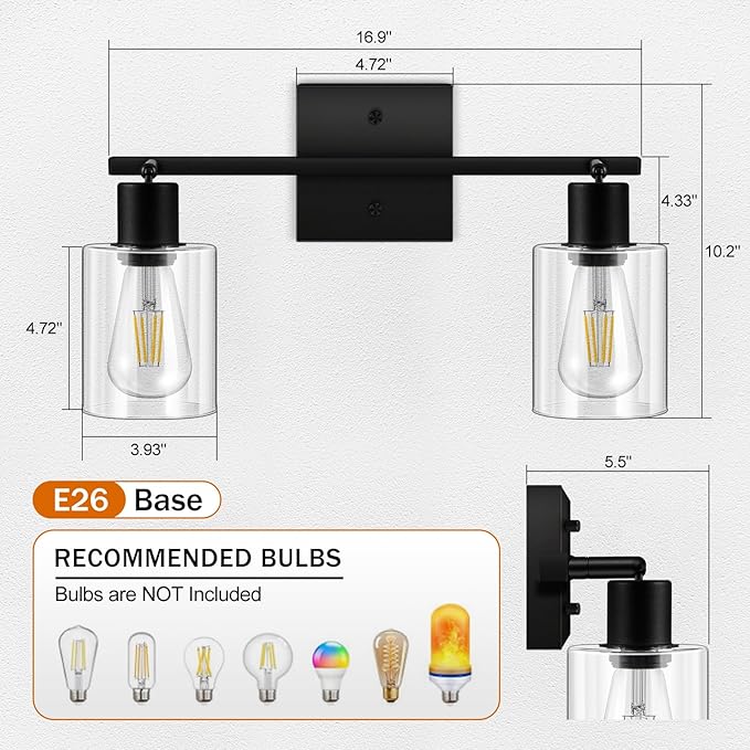 Track Lighting Fixtures Ceiling for Kitchen, Black 2-Light Wall Lights, Modern Led Track Lighting Ceiling with Glass Shade, Rotatable Head, Wall Mount Spotlight for Bathroom Vanity Hallway, E26 Base