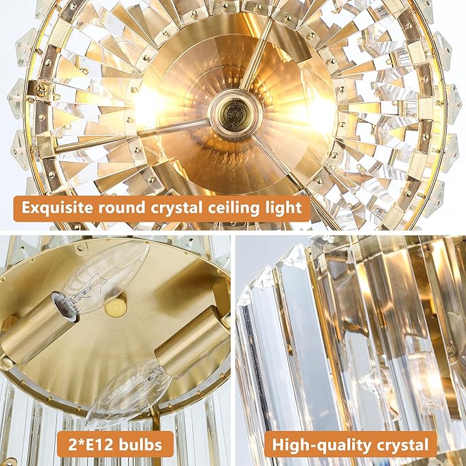 8.89" Small Crystal Ceiling Light, Modern Semi Flush Mount Ceiling Lighting Fixture, Gold Crystal Mini Chandelier for Hallway, Kitchen Entryway Laundry Room, 2-Light, XDD007-1-G