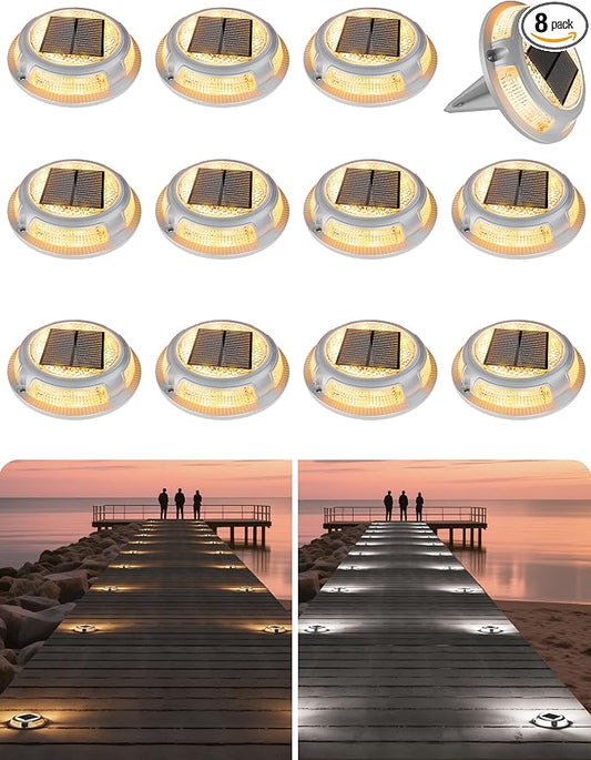 VOLISUN Solar Driveway & Deck Lights 12 Pack Waterproof Dock & Marine Ground Lights,2-in-1 Warm White & White LED,Solar Marker for Pathways,Steps,and Warning Signs,Auto On/Off