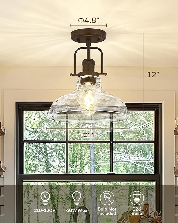 FEMILA 11" Farmhouse Flush Mount Ceiling Light Fixture, Semi Flush Kitchen and Bedroom Ceiling Light with Water Ripple Glass Shade, Oil Rubbed Bronze, Rustic Industrial Lighting, 4FY09-F ORB-WG