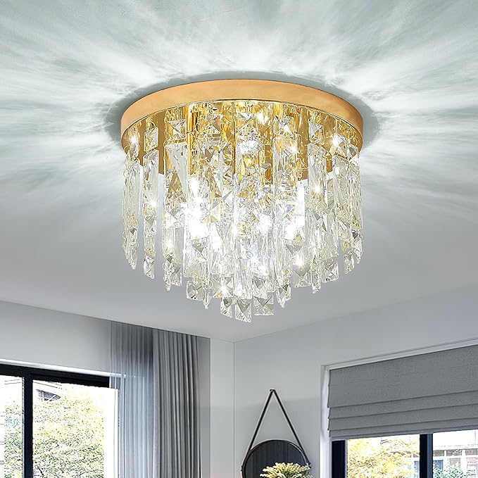 YMP&YZX Small Crystal Chandelier for Low Ceiling,11.8" French Gold Modern Crystal Chandelier with E12 Base Lights for Bedroom Living Dining Room Hallway Closet Light Fixture Flush Mount 3 Light