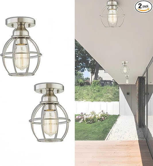 WISBEAM Brushed Nickel Semi Flush Mount Ceiling Light Fixture, 2 Packs Small Cage Ceiling Light E26 Medium Base MAX 60W, Metal Housing, ETL Rated, Bulbs NOT Included