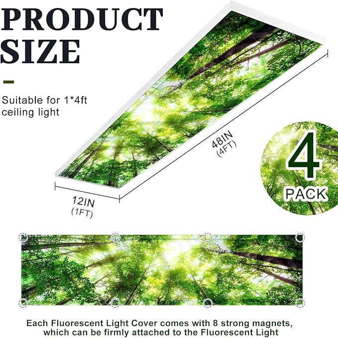 4 Pcs 1 x 4 Feet Fluorescent Lights Covers Magnetic Ceiling Light Cover with 8 Magnets Fluorescent Light Filters for School Classroom Home Drop Lamp Decor (Forest)